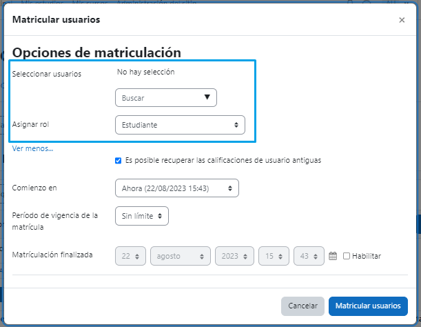 Opciones de matriculación